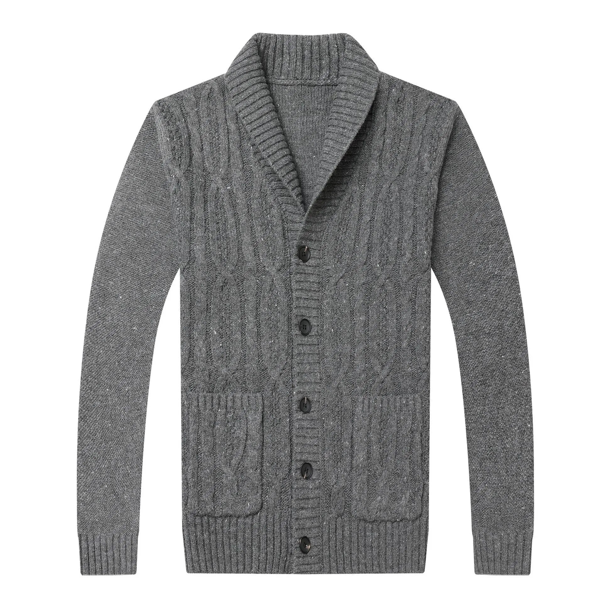 Man wearing a Korean-style jacquard knit cardigan in a straight cut, shown in a neutral colour.