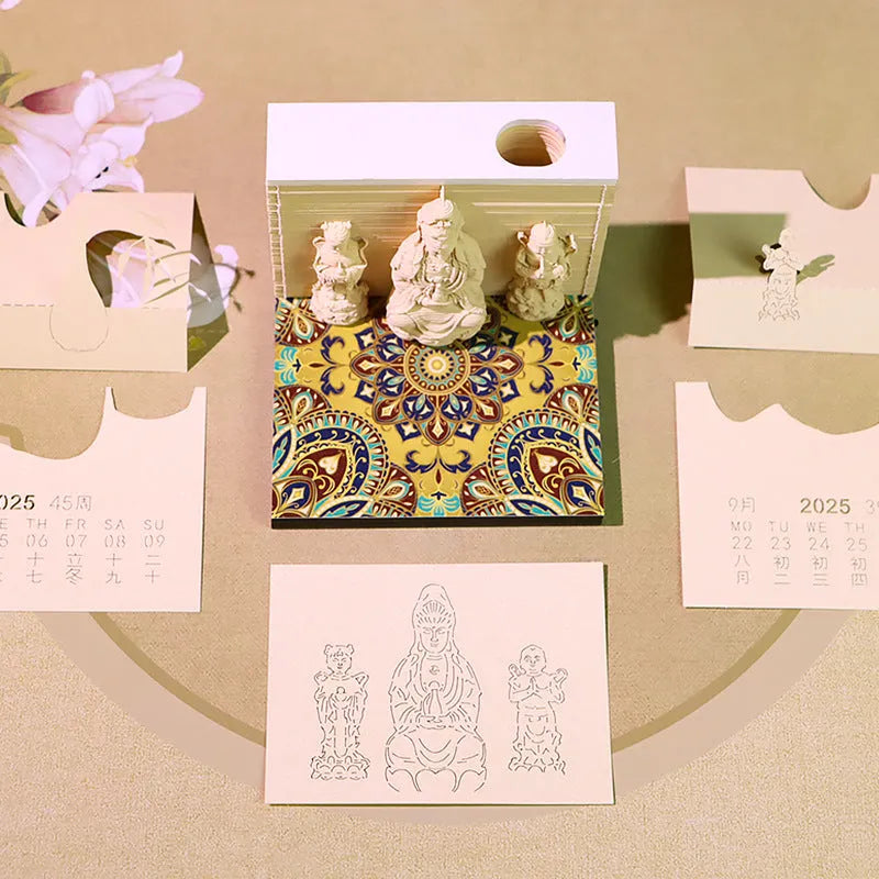 3D paper carving calendar with Guanyin Bodhisattva, Wealth Boy, Seated Lotus design, 2026 English calendar, light version, retro style, notepad