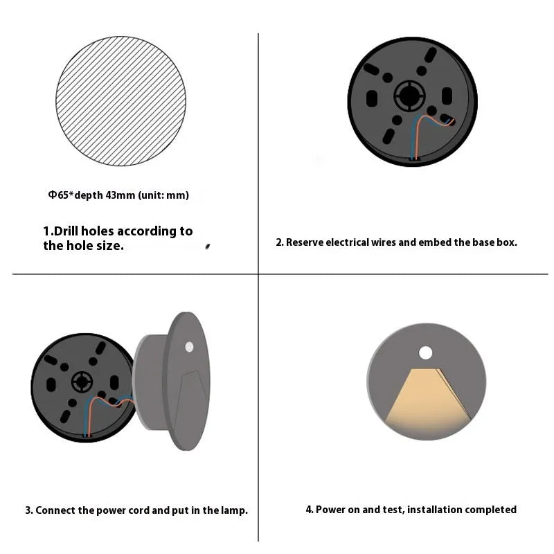 3W aluminium automatic human body induction step light, 82mm diameter, IP65, in matt black, frosted white, or frosted grey