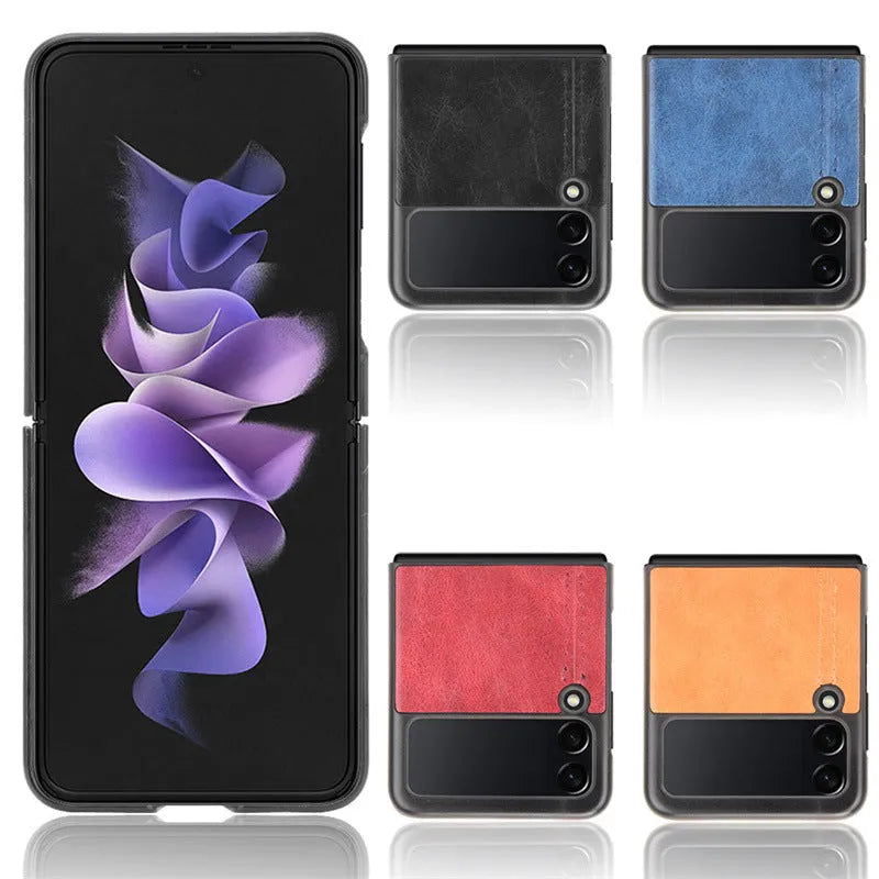Cow pattern car thread PC leather phone case for Samsung Galaxy Z Flip 3 and Z Flip 4 in black, blue, wine red or yellow.