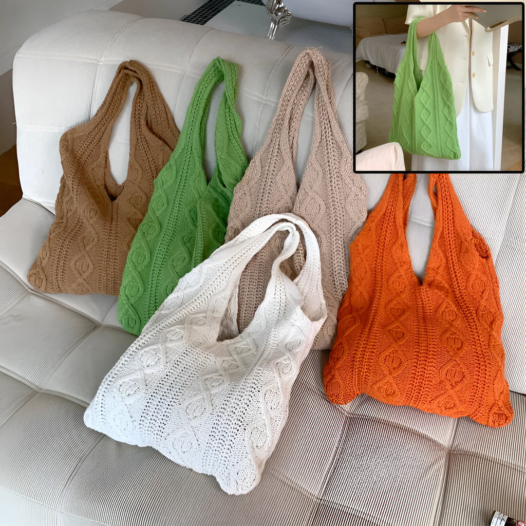 Retro hollow knitted women's tote bag in a solid colour with double shoulder straps.