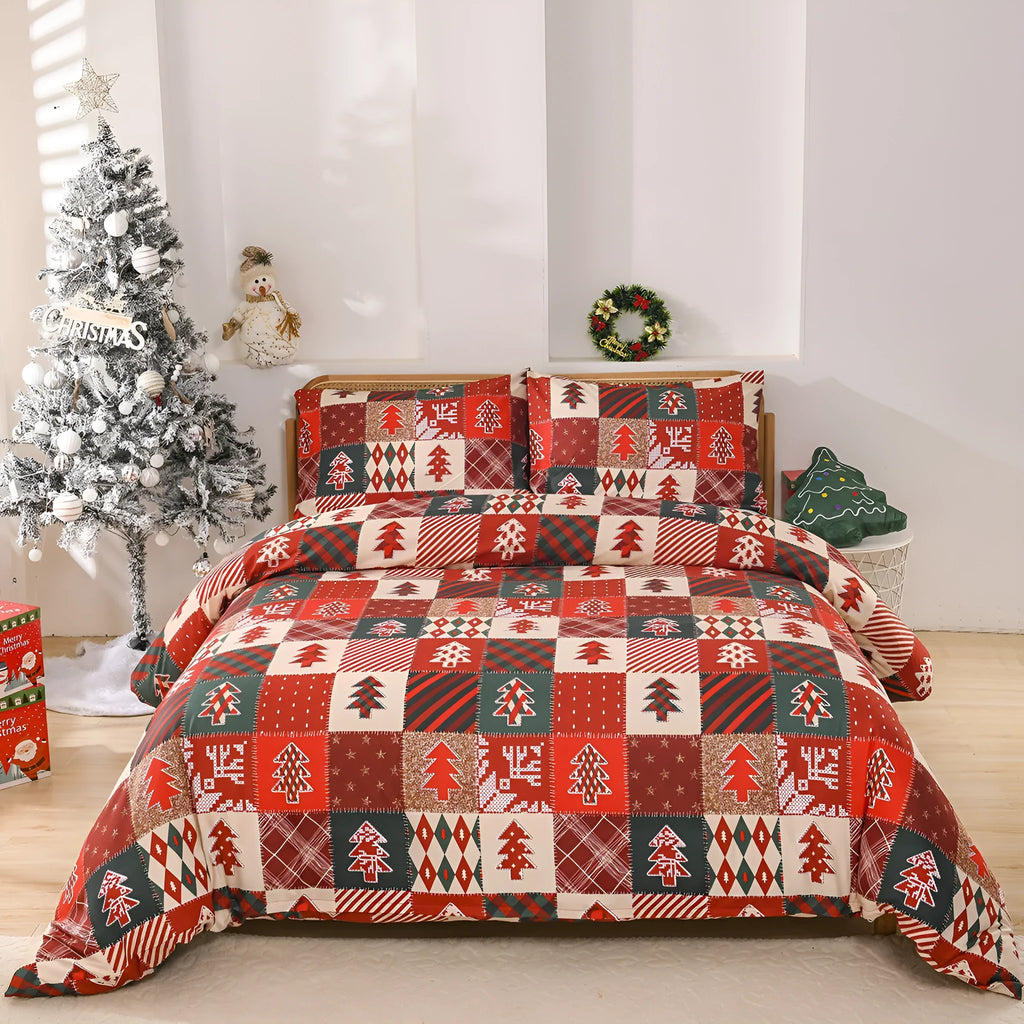 Christmas red plaid pattern bedding three-piece set showing quilt cover and pillowcases with sanded weave texture