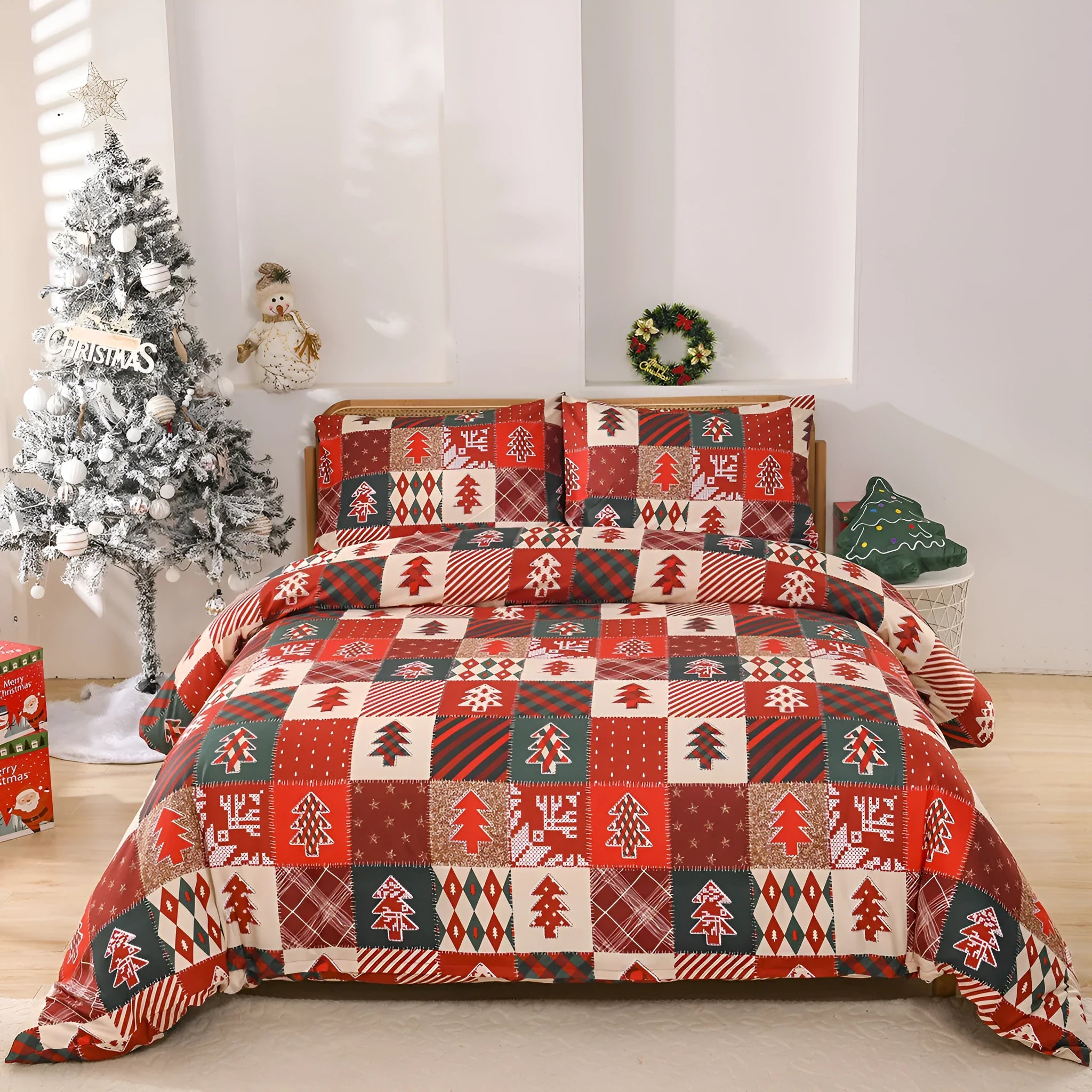 Christmas red plaid pattern bedding three-piece set showing quilt cover and pillowcases with sanded weave texture