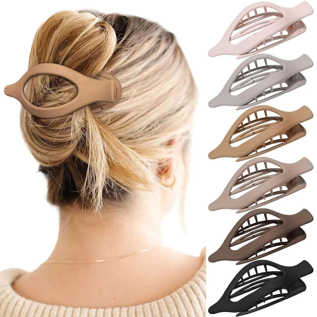 Six rose red and nude plastic hair clips with frosted grips and a quadrilateral shape.