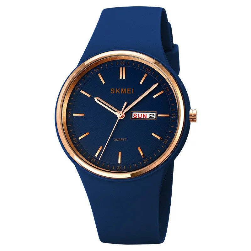 Women's silicone strap quartz watch with date display on 42mm dial showing six colour options
