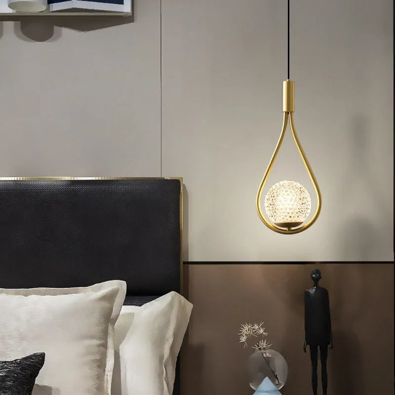 Copper modern minimalist bedside chandelier with choice of honeycomb or milk white lamp covers.