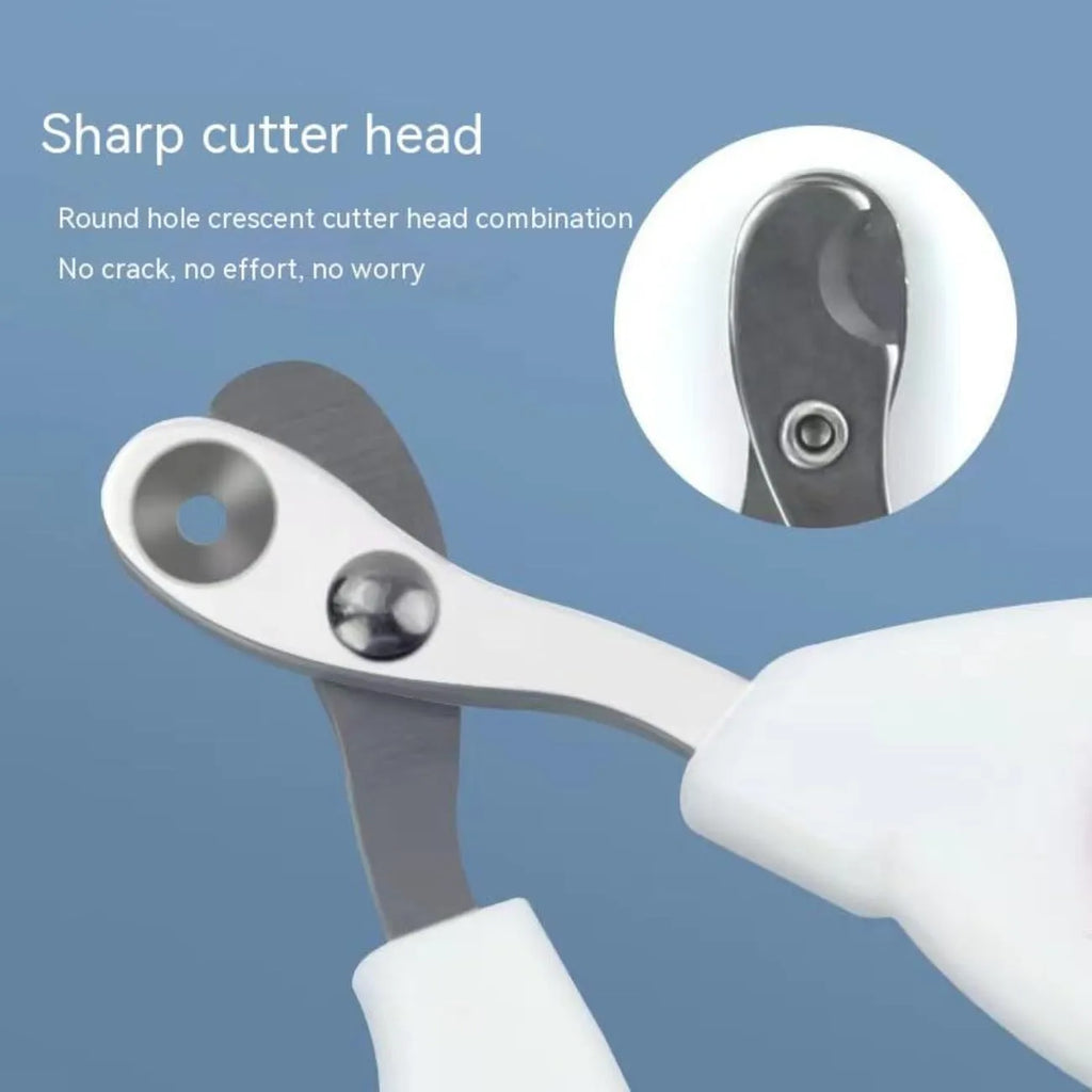 Blue pet nail clippers with circular cutting hole and cushioned non-slip handle for cats and small animals.