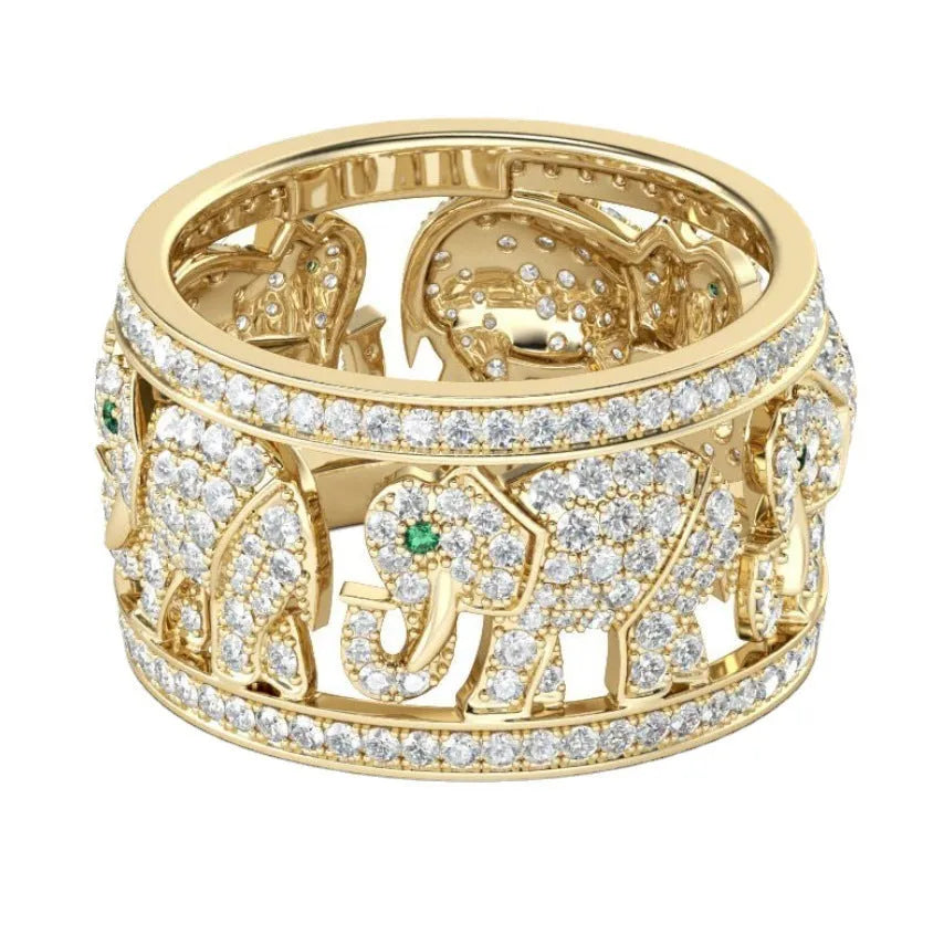 Close-up of an elephant design ring with sparkling diamond accents on an electroplated alloy band.
