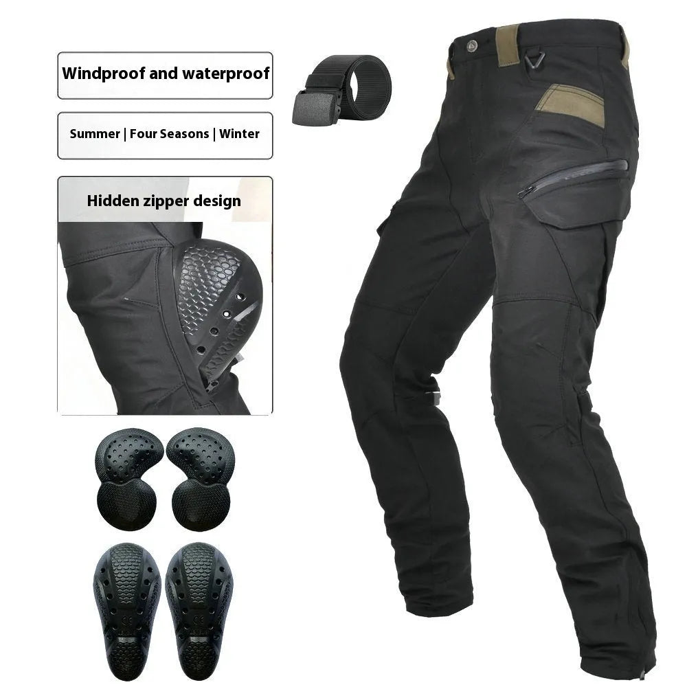 Motorcycle waterproof cycling trousers with belt and protective gear in black or green colour options