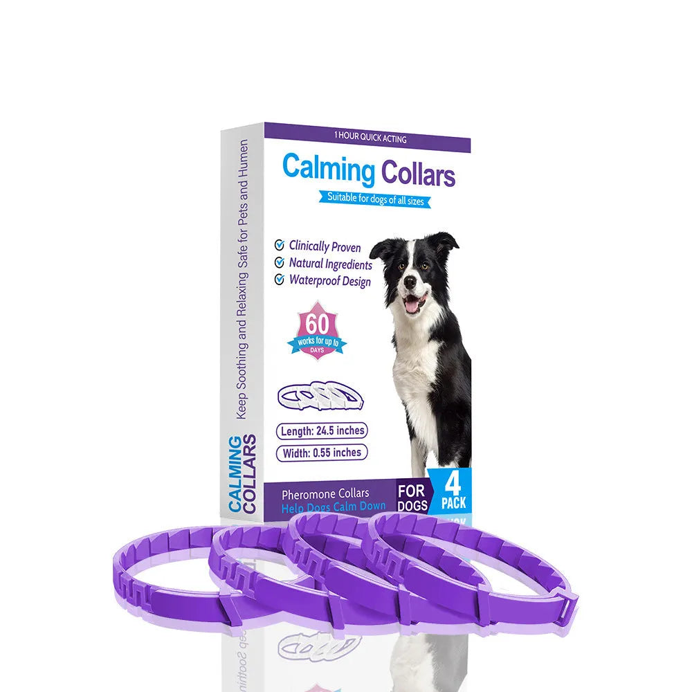 Pack of four coloured dog anxiety soothing collars with monochrome Chinese pattern, showing black, blue, grey and orange options.