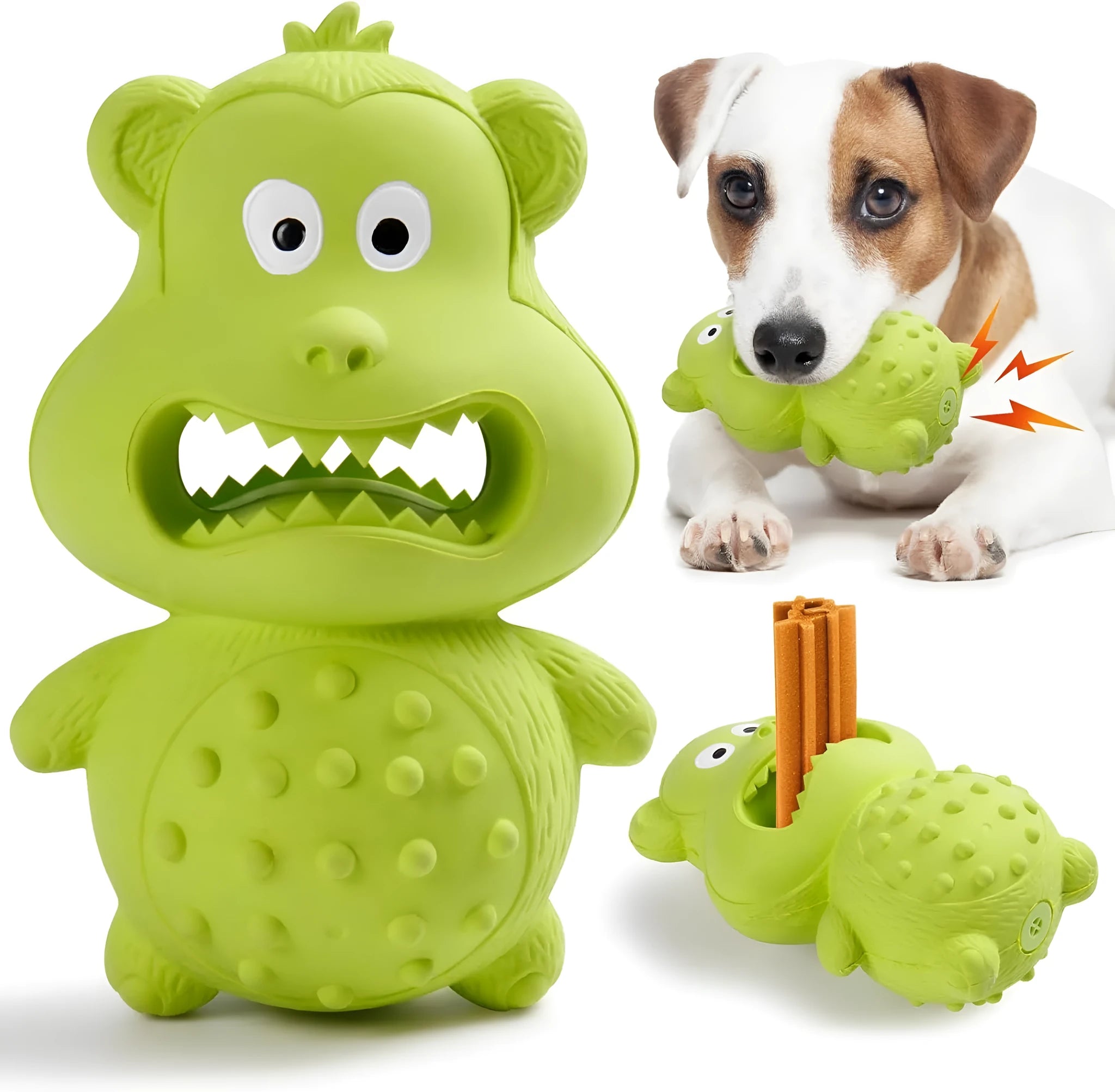 Green natural rubber dog toy for aggressive chewers with squeaker and fillable centre