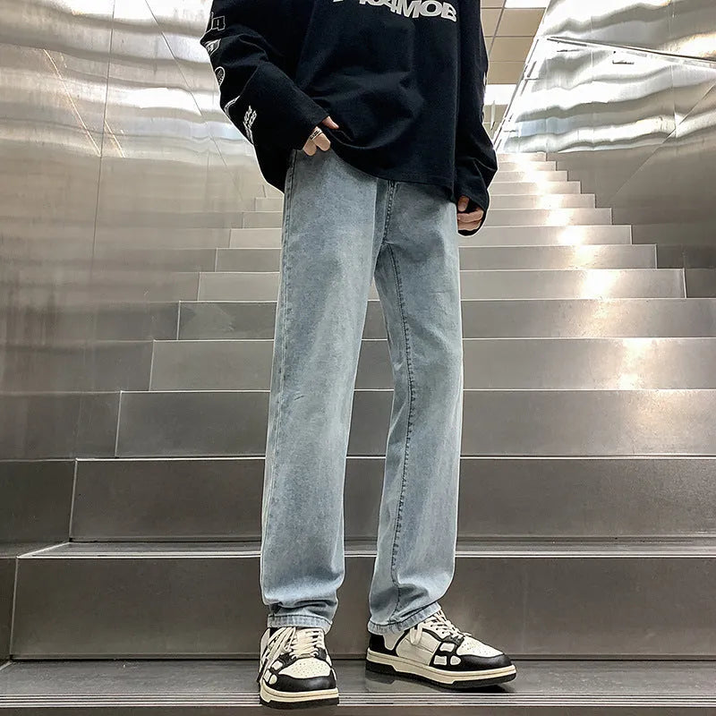 Men's retro straight leg jeans in cotton blend black colour showing full length straight cut silhouette