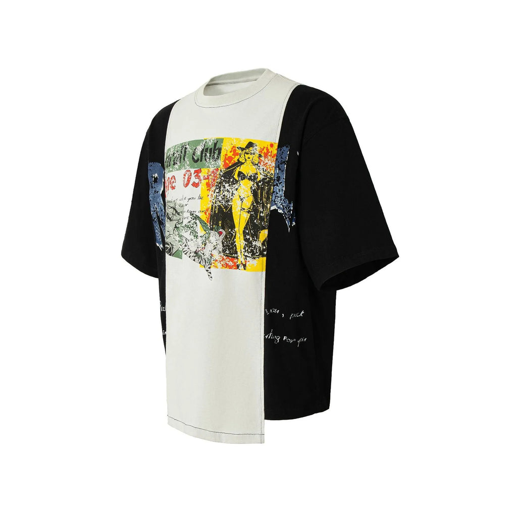Black and white deconstruction print cotton blend t-shirt with loose fit and short sleeves