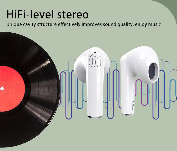 White wireless Bluetooth earphones with semi-in-ear design and a matching charging case on a white background.