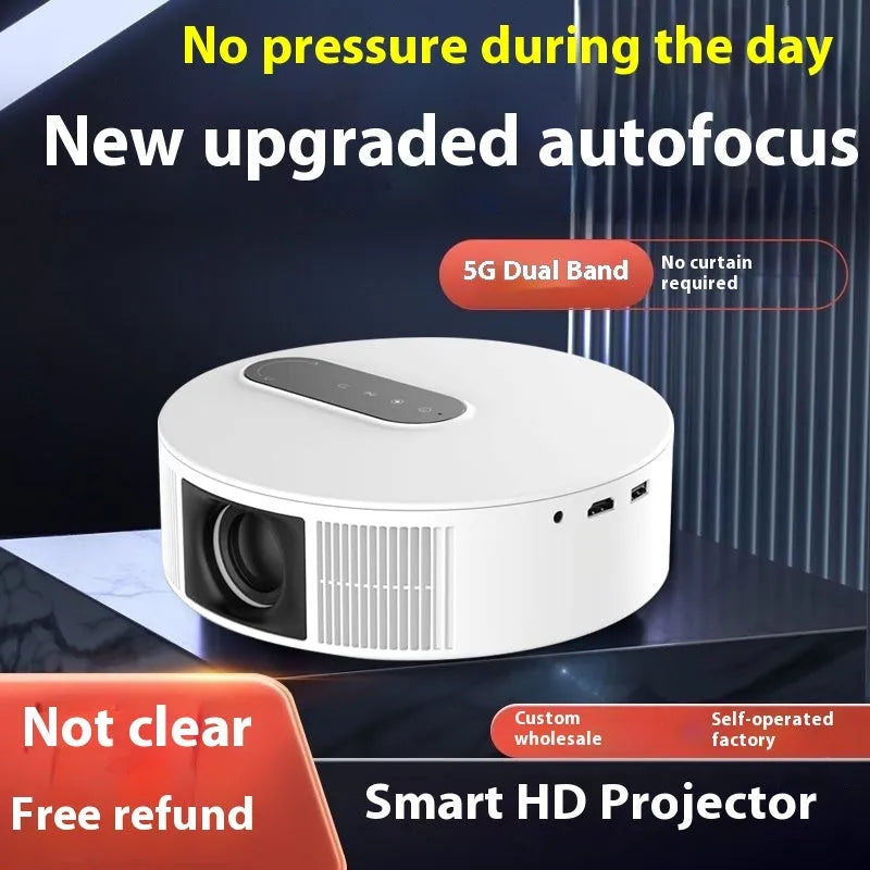 White HD home projector with remote control for bedroom cinema viewing