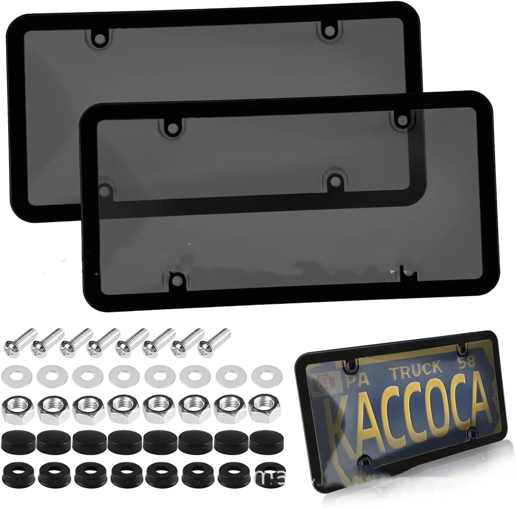 American car license plate frame in plastic, 31 x 16 cm, shown with black, grey, or transparent options and screw nut set.