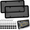 American car license plate frame in plastic, 31 x 16 cm, shown with black, grey, or transparent options and screw nut set.