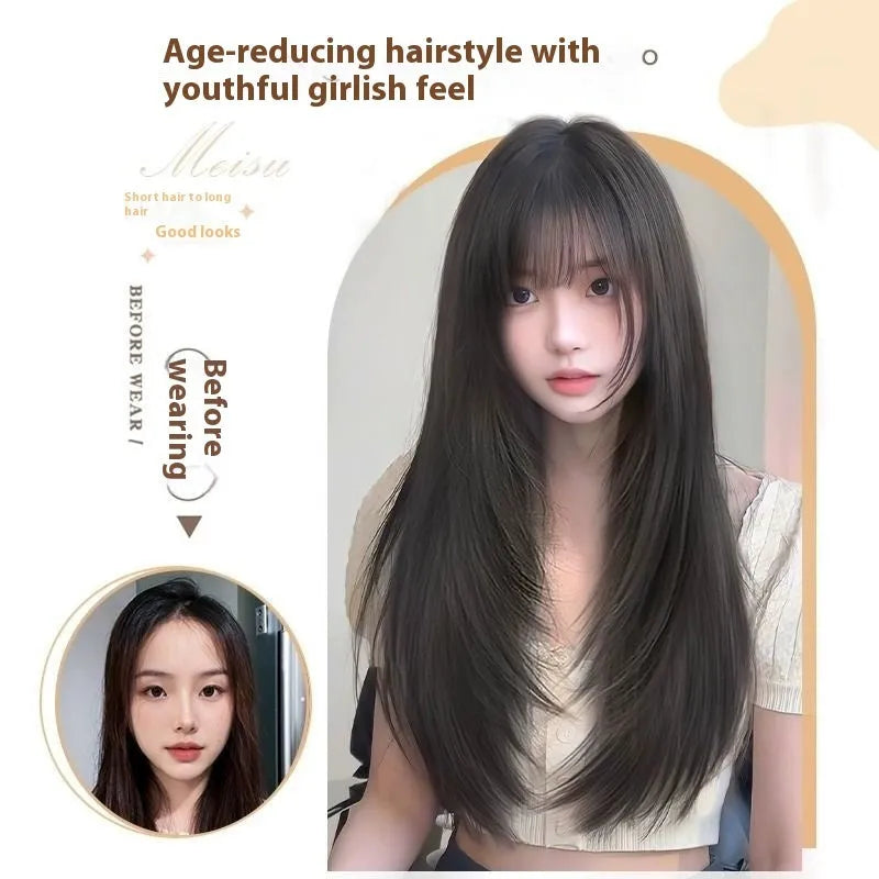 Full-head synthetic wig with integrated hair net in long straight high-layered style