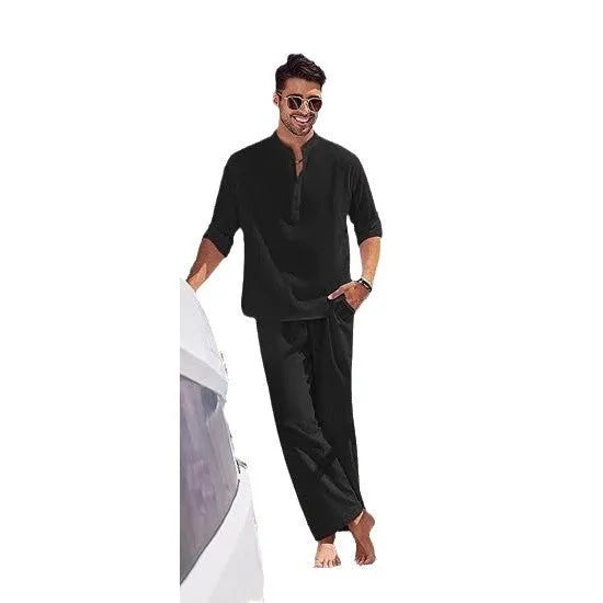 Men's cotton casual suit set in solid colour with long sleeves and trousers for spring and autumn leisure wear