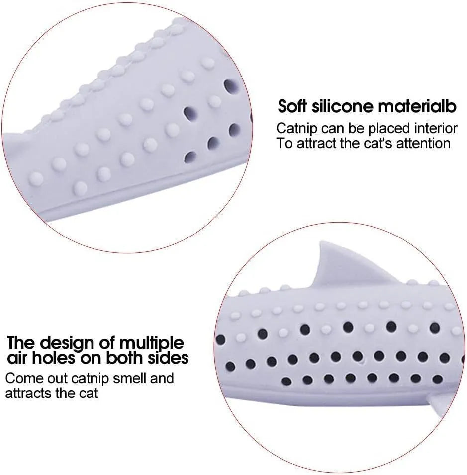 Green silicone fish-shaped cat chew toy with breathable side holes for catnip scent release