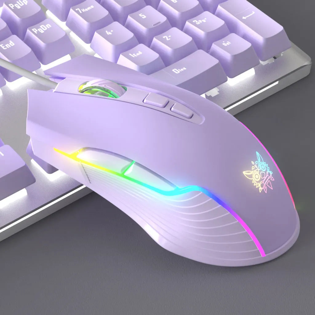 Purple and white mechanical keyboard and mouse gaming bundle with backlighting