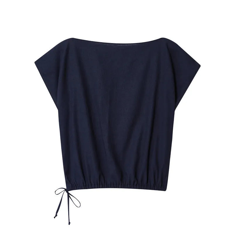Women's linen blend off-neck shirt with flounced sleeves and matching wide leg trousers set