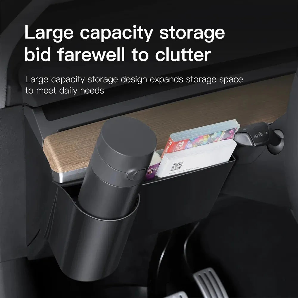 Plastic dashboard cup holder for left-hand drive Tesla Model 3 and Model Y vehicles.