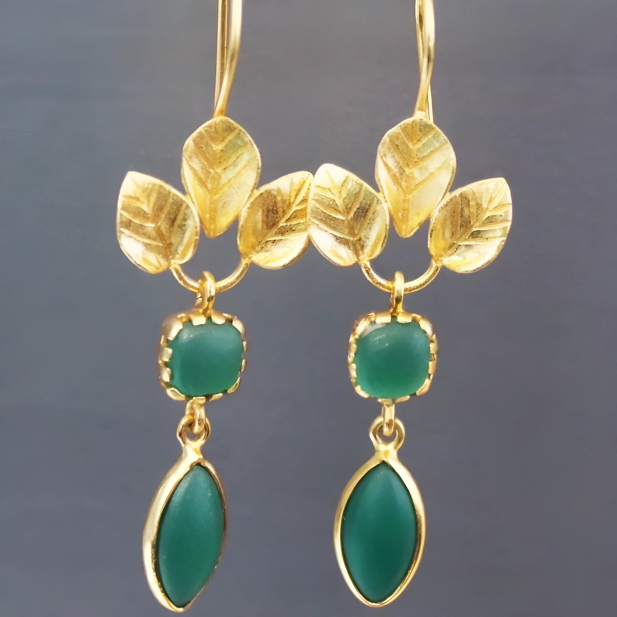Gold French leaves tassel drop earrings with zircon accents in retro style