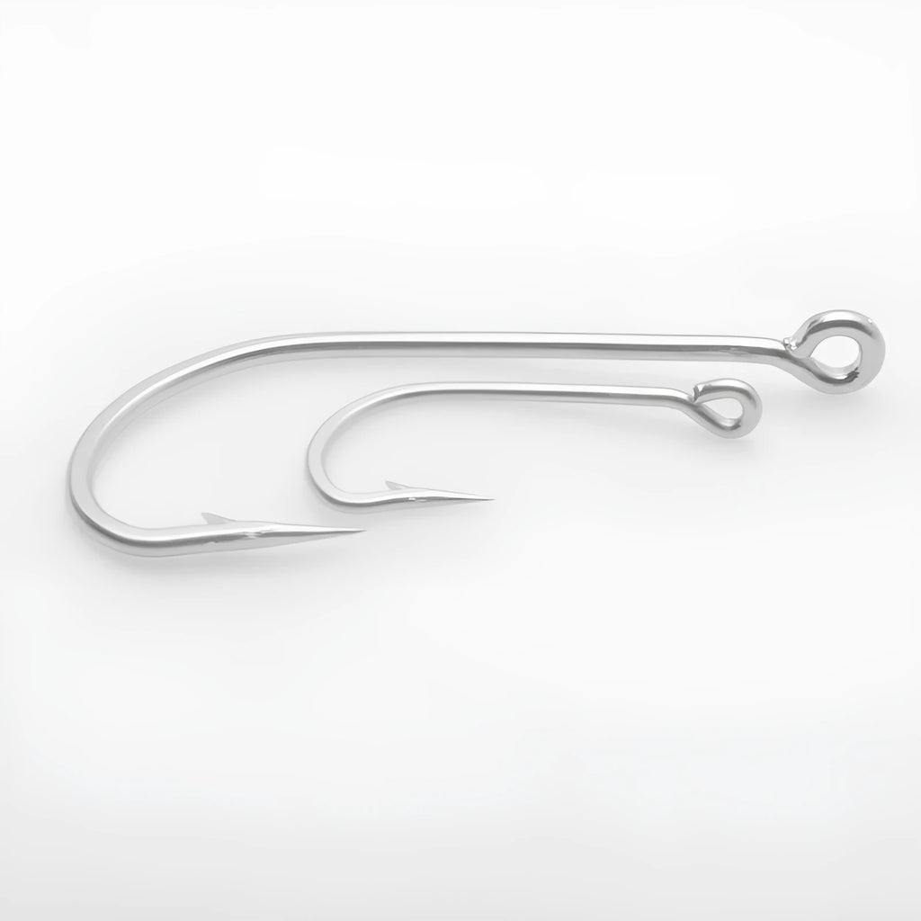 Set of stainless steel alloy sea fishing hooks showing multiple hook style specifications for ocean boat fishing