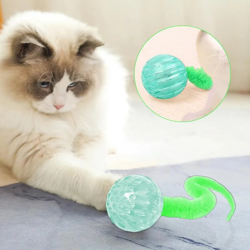 Interactive cat ball toy with bouncy TPR ball and plush worm tail in green colour