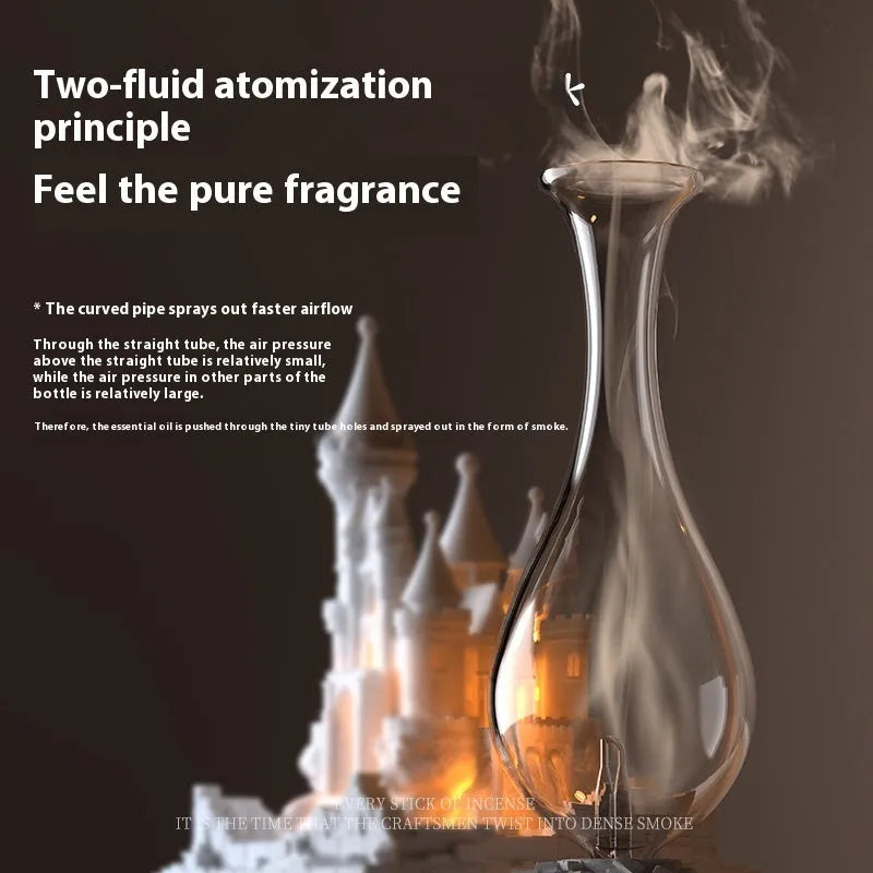 White medieval castle cold fragrance aromatherapy machine with ambient lighting on wooden surface