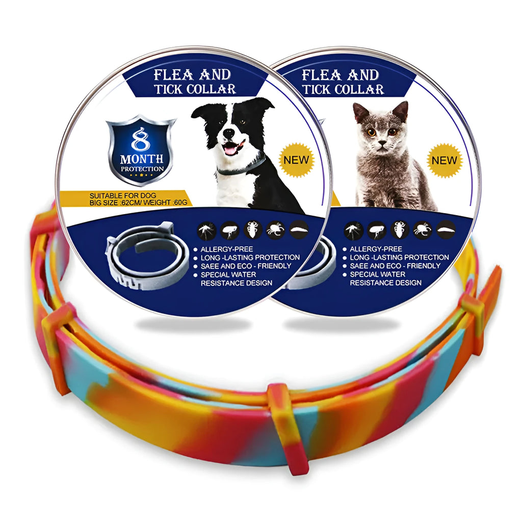 Rainbow plastic pet flea collar for cats and dogs showing 38cm and 62cm size options