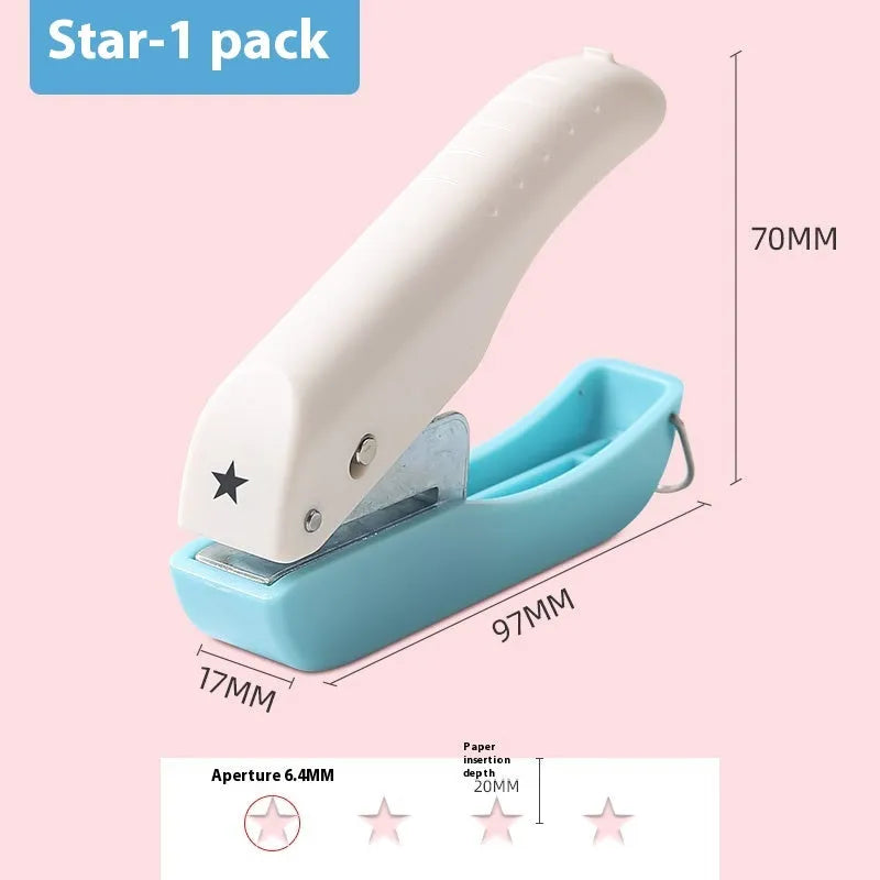 Small manual handheld embossing punch tool with four metal dies: Love, Star, 4mm and 6mm round dots.