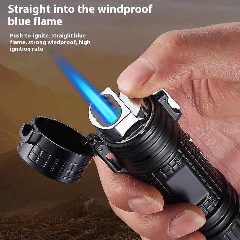 TH727 multifunction metal flashlight lighter in camouflage colour showing torch, lighter, and bottle opener.