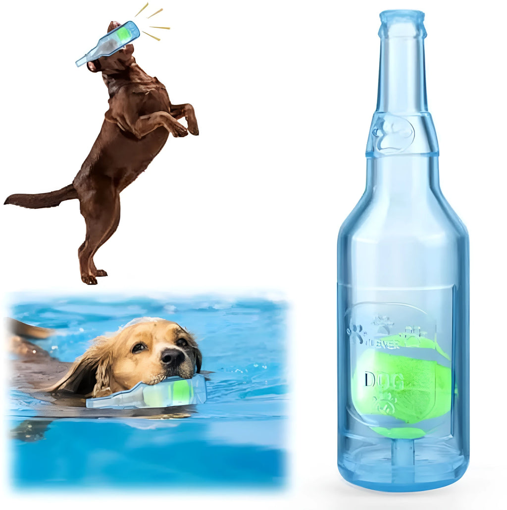Blue natural rubber dog water bottle toy with squeaker, for aggressive chewers and water play