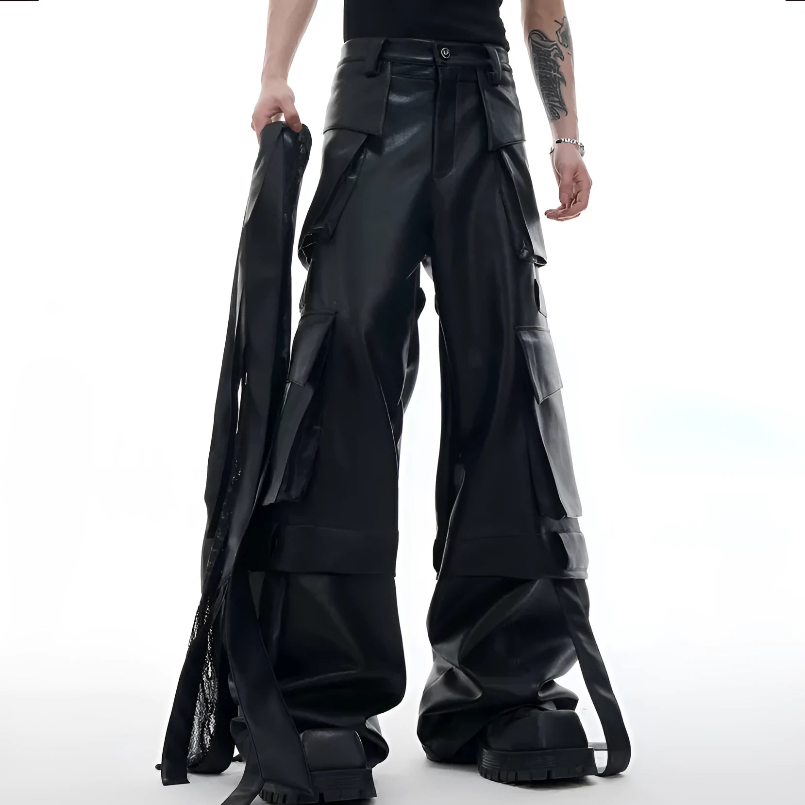 Men's black loose fit leather trousers with quilted detailing and multiple pockets
