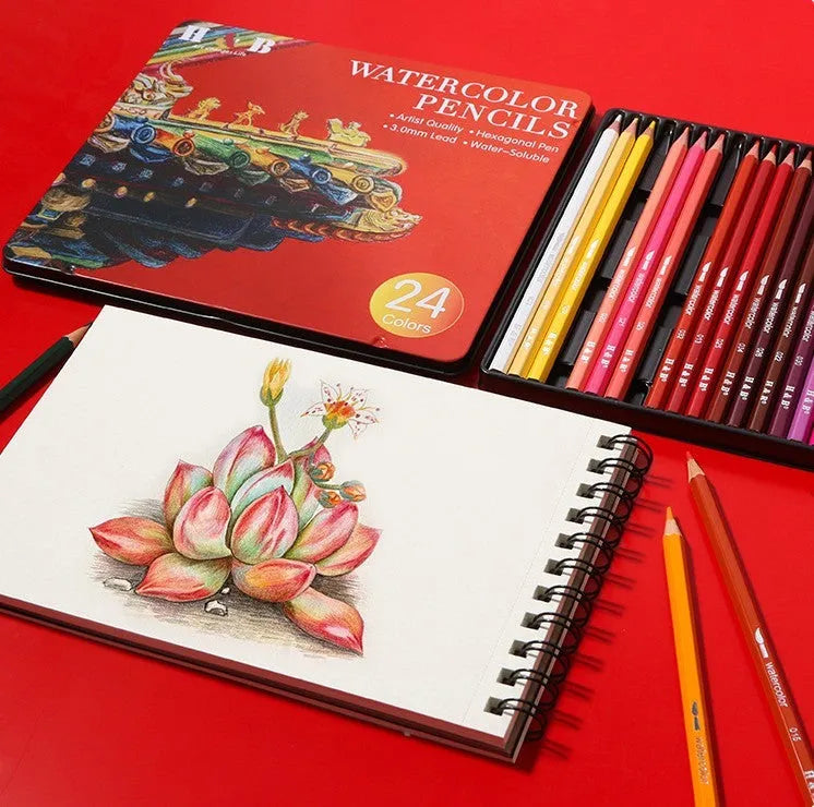 Water-soluble coloured pencil set with 24 colours in iron box, wooden pencils for dry and wet media artwork