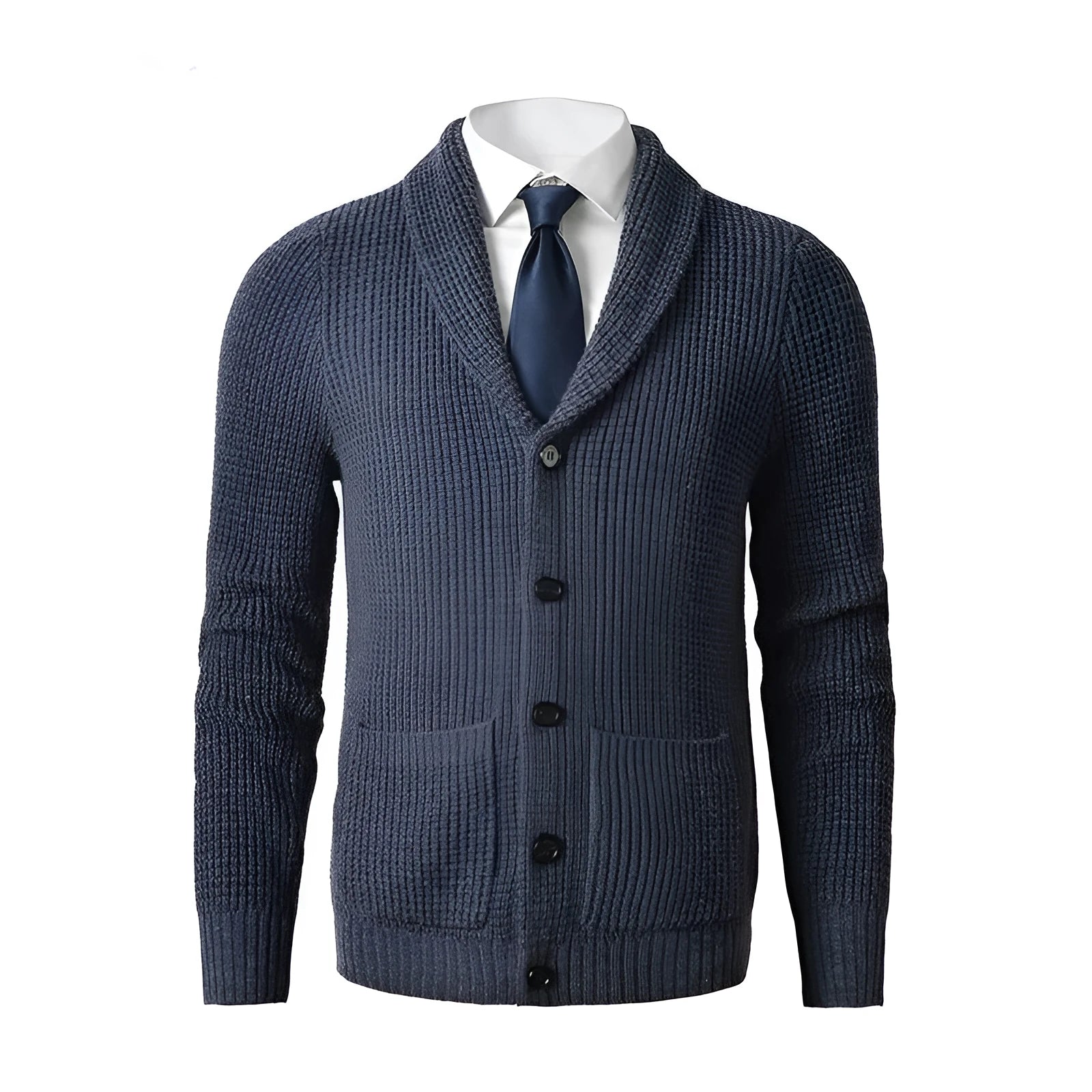 Men's wool knitted cardigan with V-neck, button front, and pockets in solid colour - front view