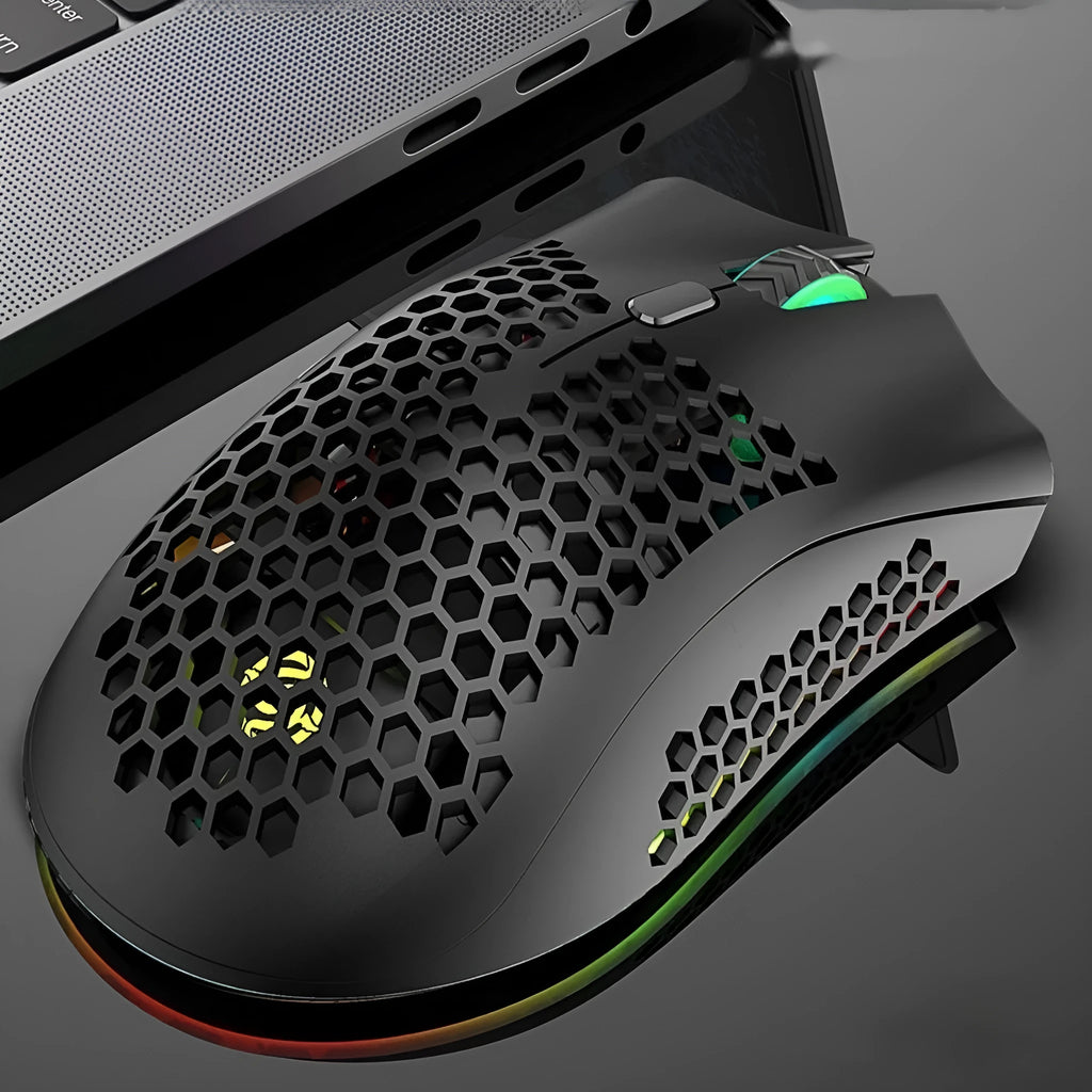Hollow out wireless gaming mouse with RGB lighting in black, cyan, and white colour options