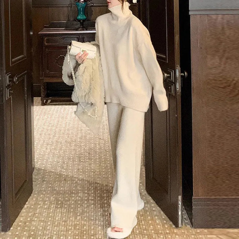 Women's casual two-piece set with acrylic fibre sweater and matching wide-leg trousers in solid colour