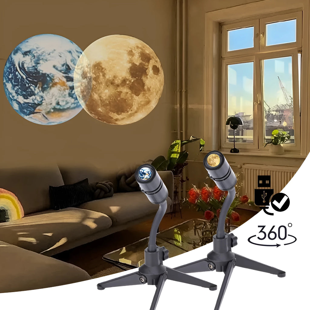 Earth and Moon projector lamp with flexible hose bracket on a table, showing USB cable