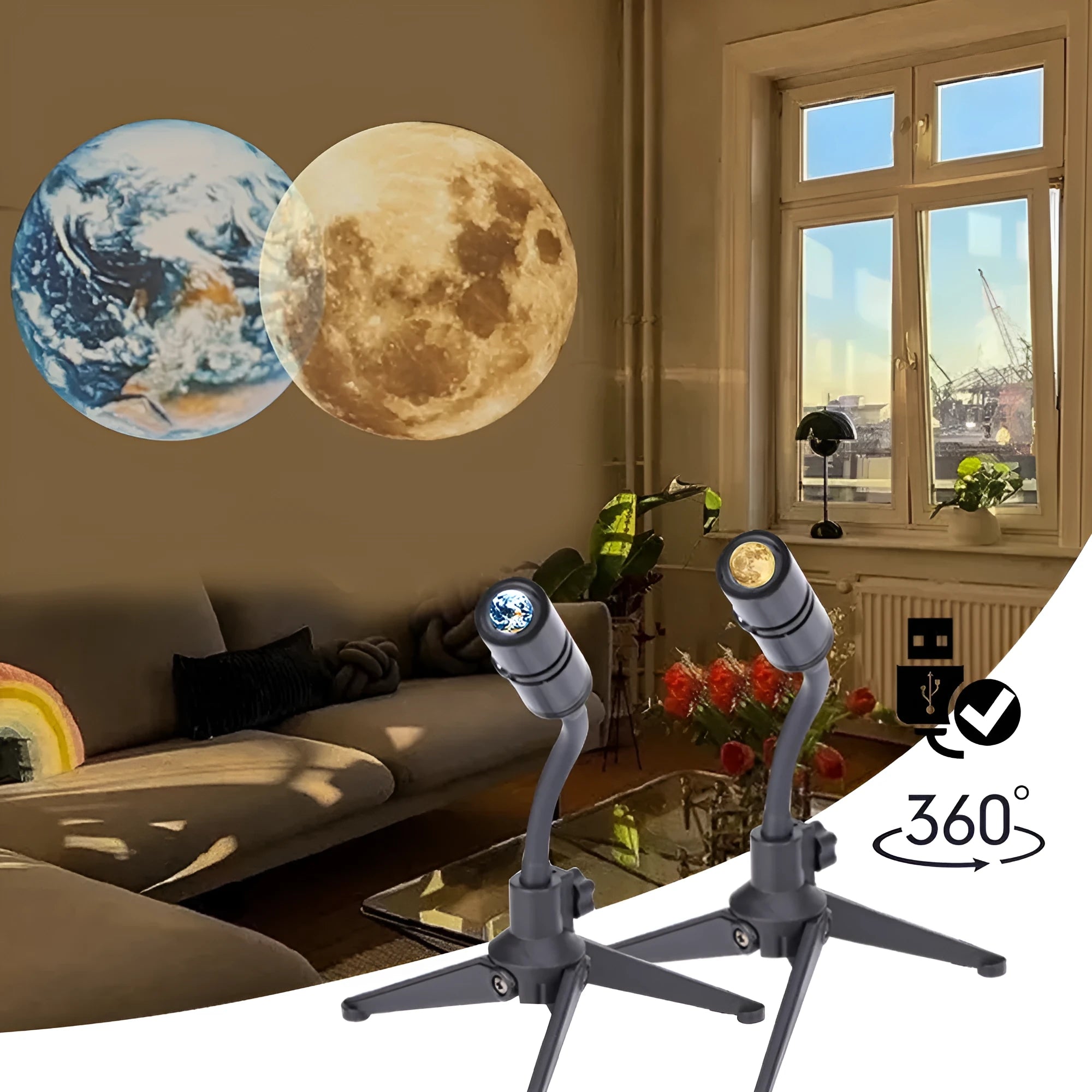 Earth and Moon projector lamp with flexible hose bracket on a table, showing USB cable