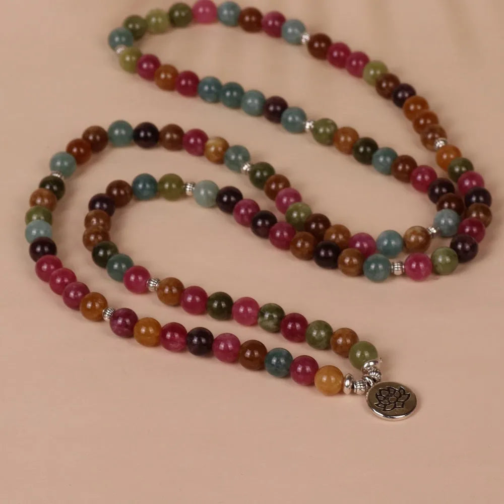 108-bead multi-layer bracelet with lotus design and tourmaline colour on hanging strings