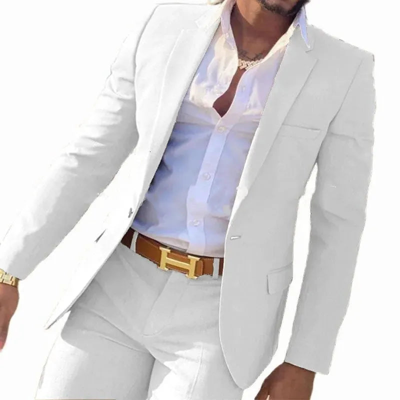 Men's multicolour cotton banquet suit two-piece set showing jacket and trousers available in extended sizes