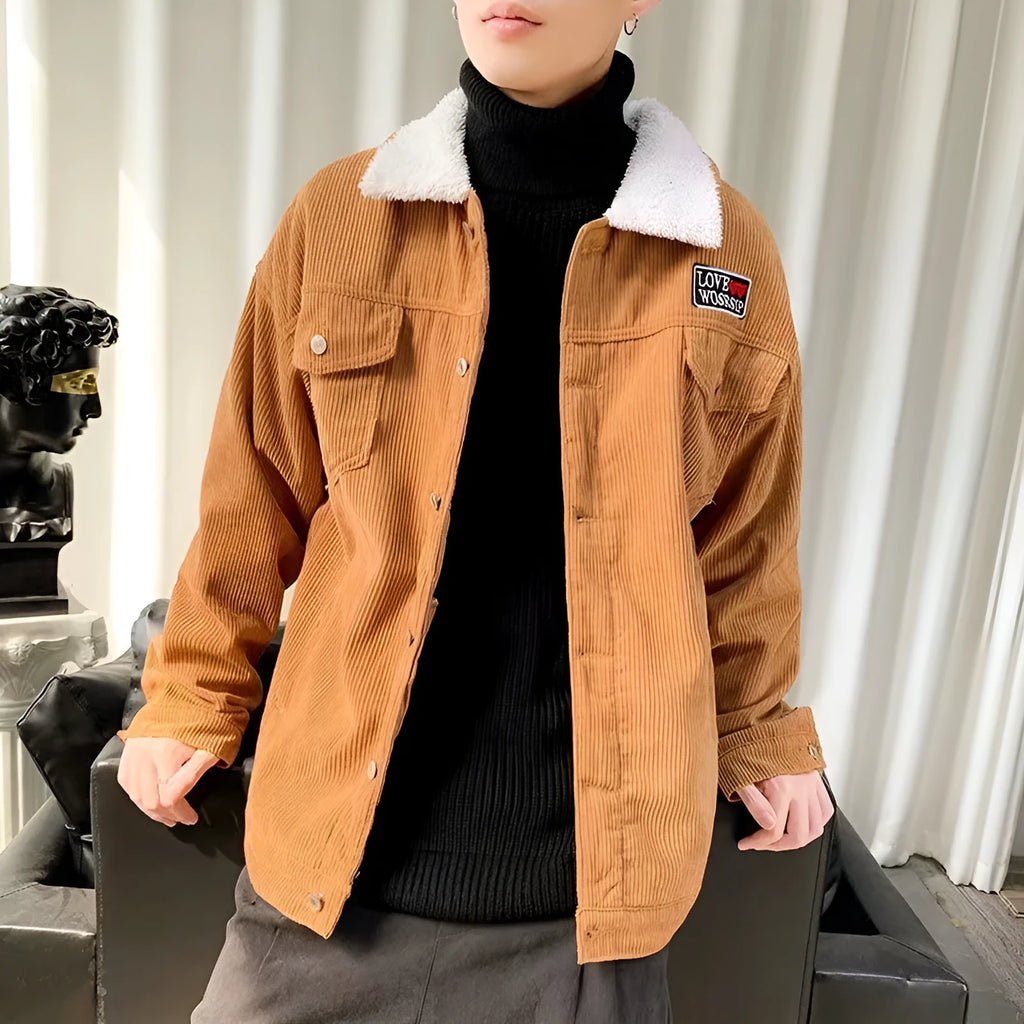 Men's corduroy workwear jacket in khaki colour with stick pockets and regular sleeves