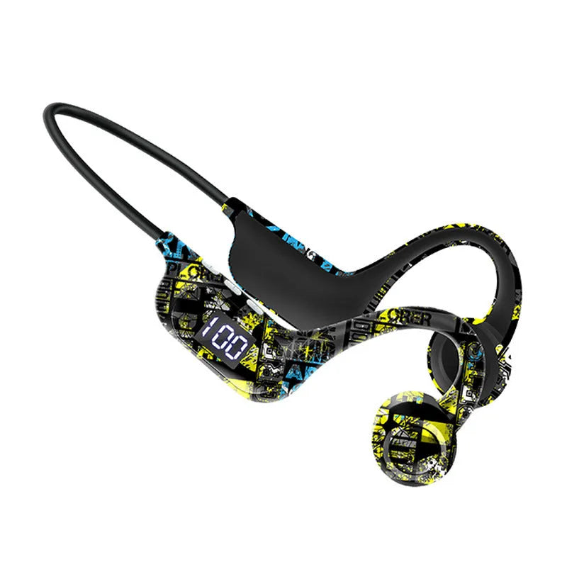 Graffiti bone conduction wireless Bluetooth headset in black with hanging ear design