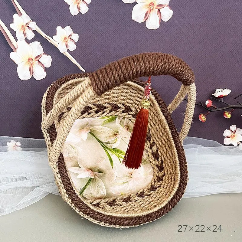 Hand-woven hemp rope basket with straw lining in pastoral retro style