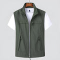 Men's striped hooded waterproof casual vest with multiple patch pockets in khaki colour