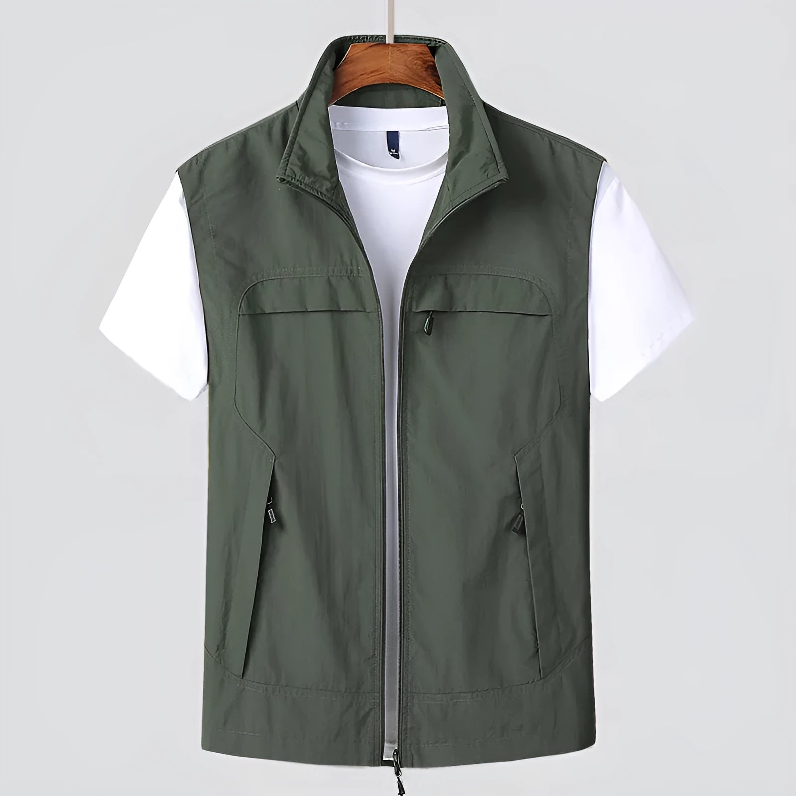Men's striped hooded waterproof casual vest with multiple patch pockets in khaki colour