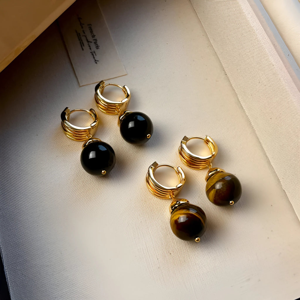 Maillard geometric tigereye earrings with gold plating in black and brown colour options